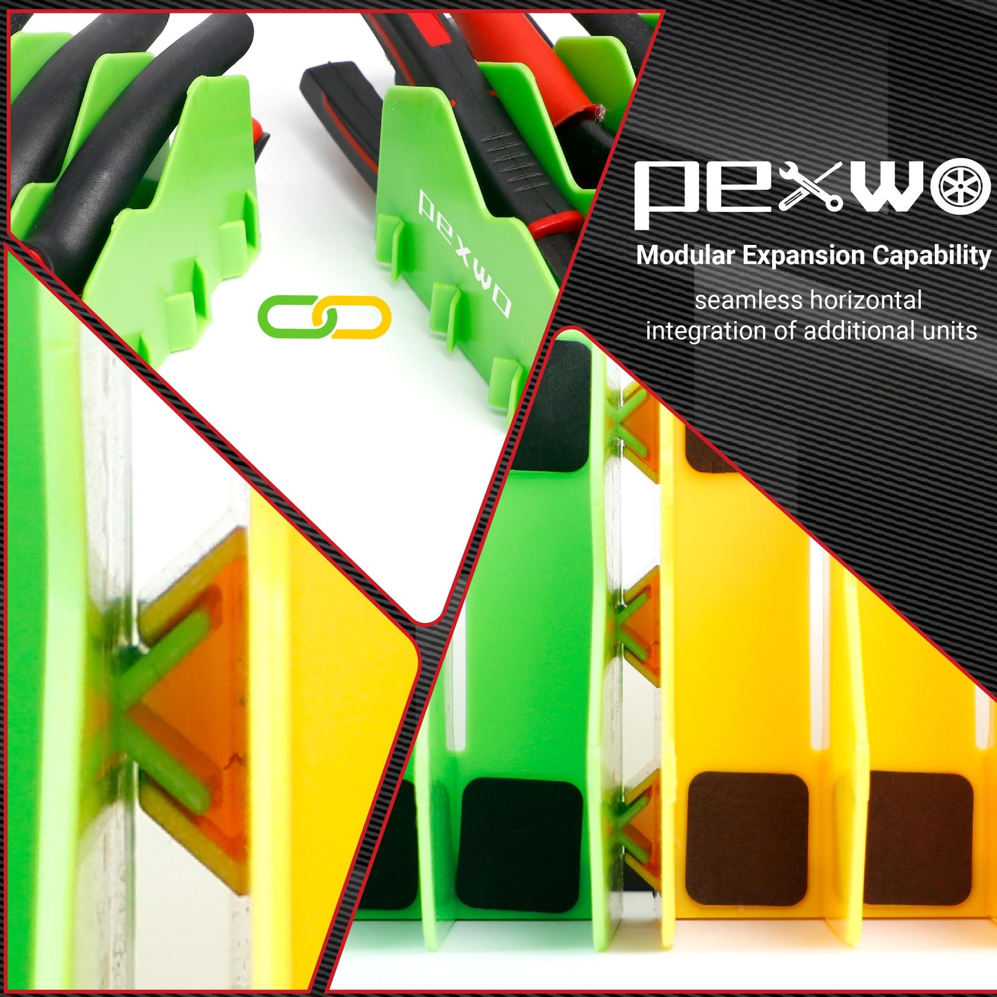 pexwo Plier Organizer & Rack (2-Pack, High-Vis Green) – 20-Slot Tool Storage for Toolbox Drawers – Non-Slip Rubber Base, Interlocking Modular Holders for Pliers, Cutters & Snips