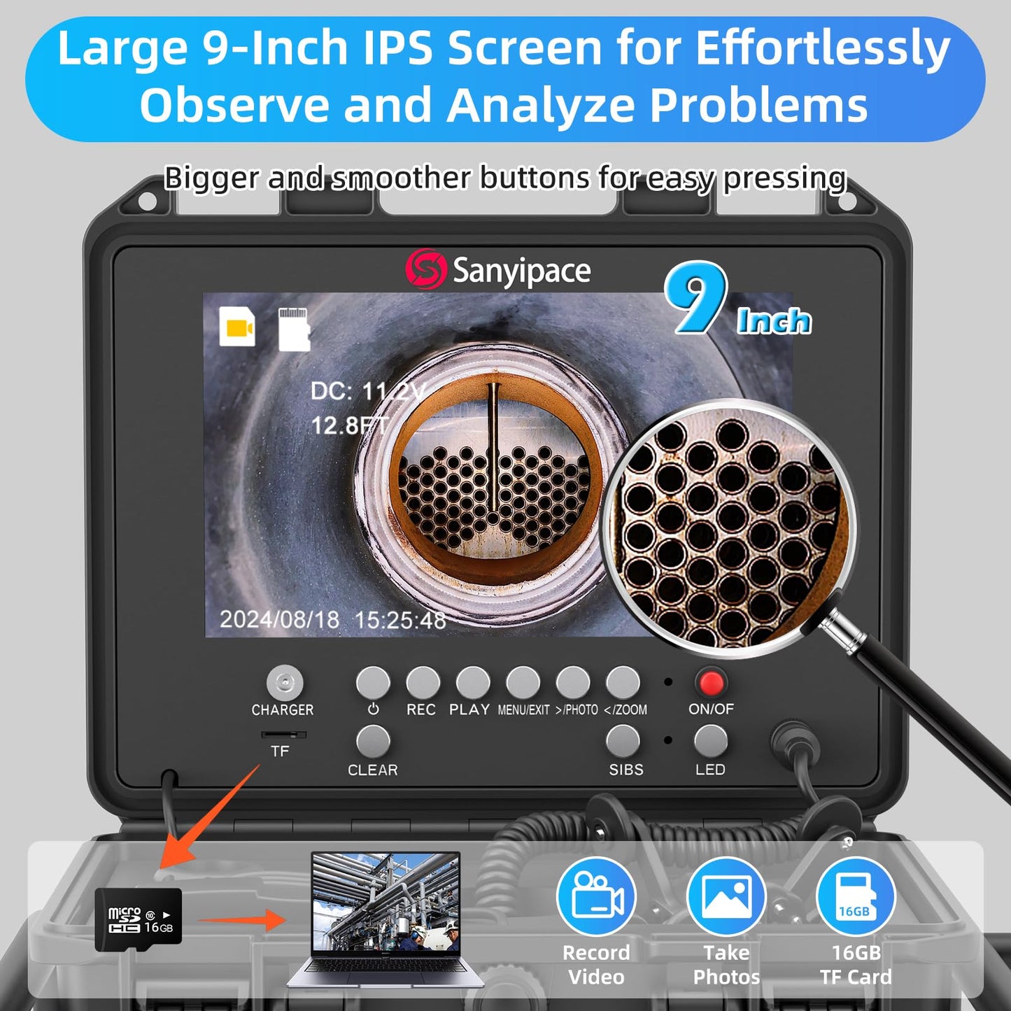 Sanyipace Drain Camera 100FT/30M, 23mm/0.9in FHD Sewer Inspection Camera, 5X Zoom, Distance Counter, 9" IPS Screen, DVR & Voice Recorder, 16GB Card, for Sewer Line, Pipe, Duct, Plumbing, Plumber, Home