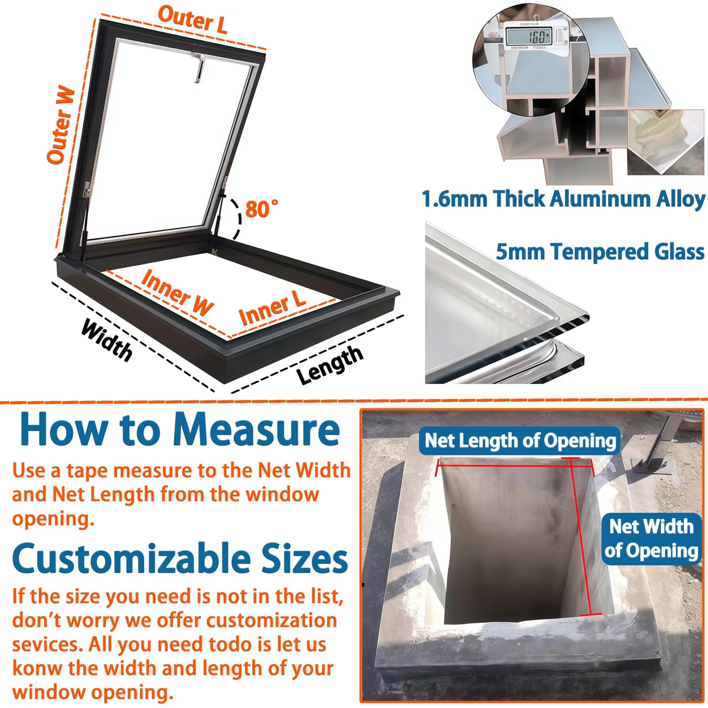 Skylight Window Tempered Glass Roof Cover with Aluminum Frame & Hydraulic Rod for Basement, Sunroom, Outdoor, Attic – Enhance Natural Light & Airflow