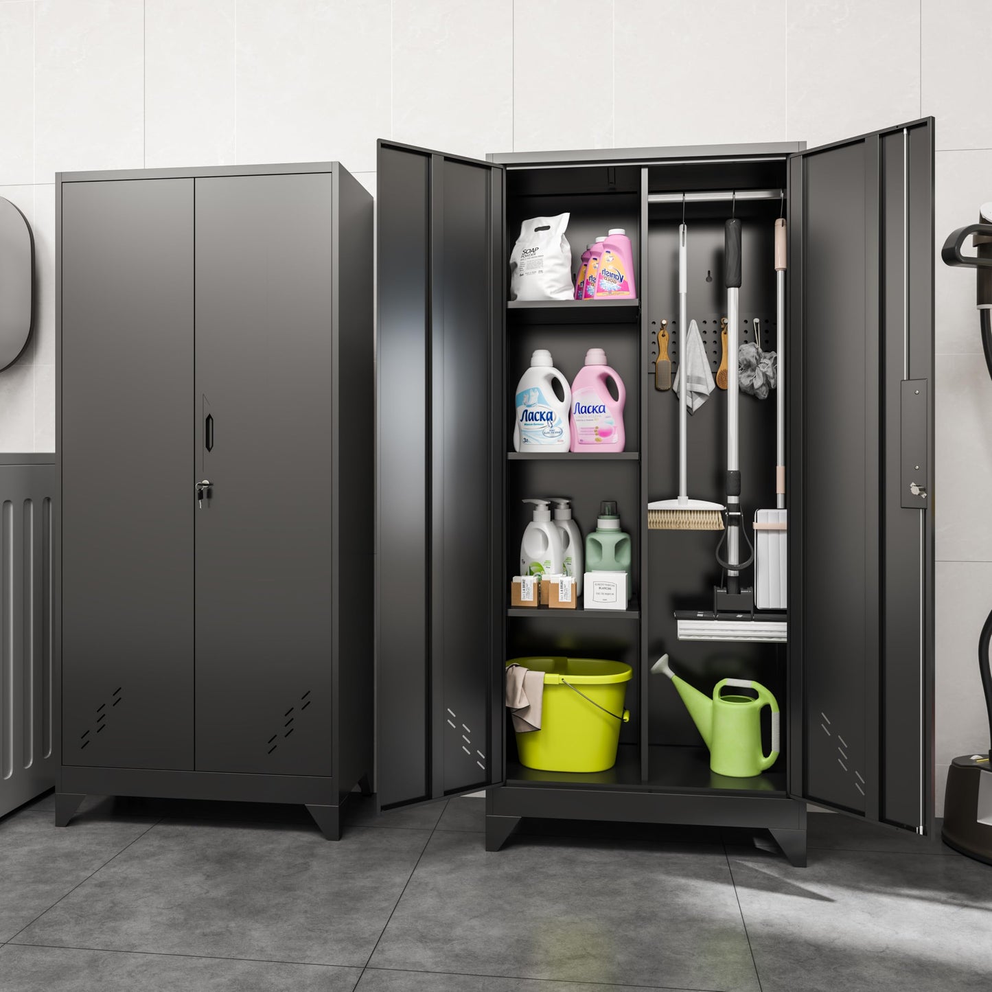 CBNTKI Metal Garage Storage Cabinets with Lock, Cabinet with Pegboard & Hanging Rod, Broom Closet Storage Cabinets, Black Lockable Steel Tool Cabinet for Home,Garage,Utility Room