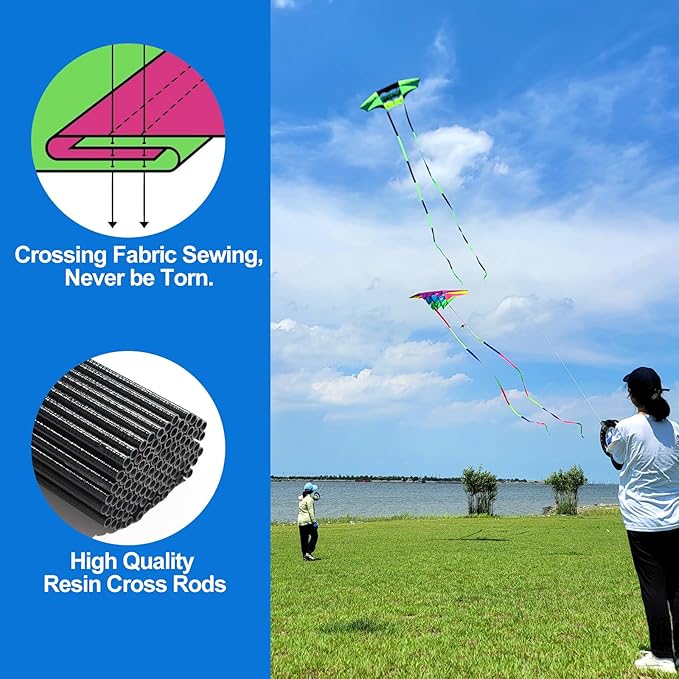 Beach Kites for Adults Large with Long Tail, 98 inches Super Easy Flyer 3D Rainbow Box Kites, Comes with Two 49 Feet Multi Colors Tails, 300 ft Kite String & Handle