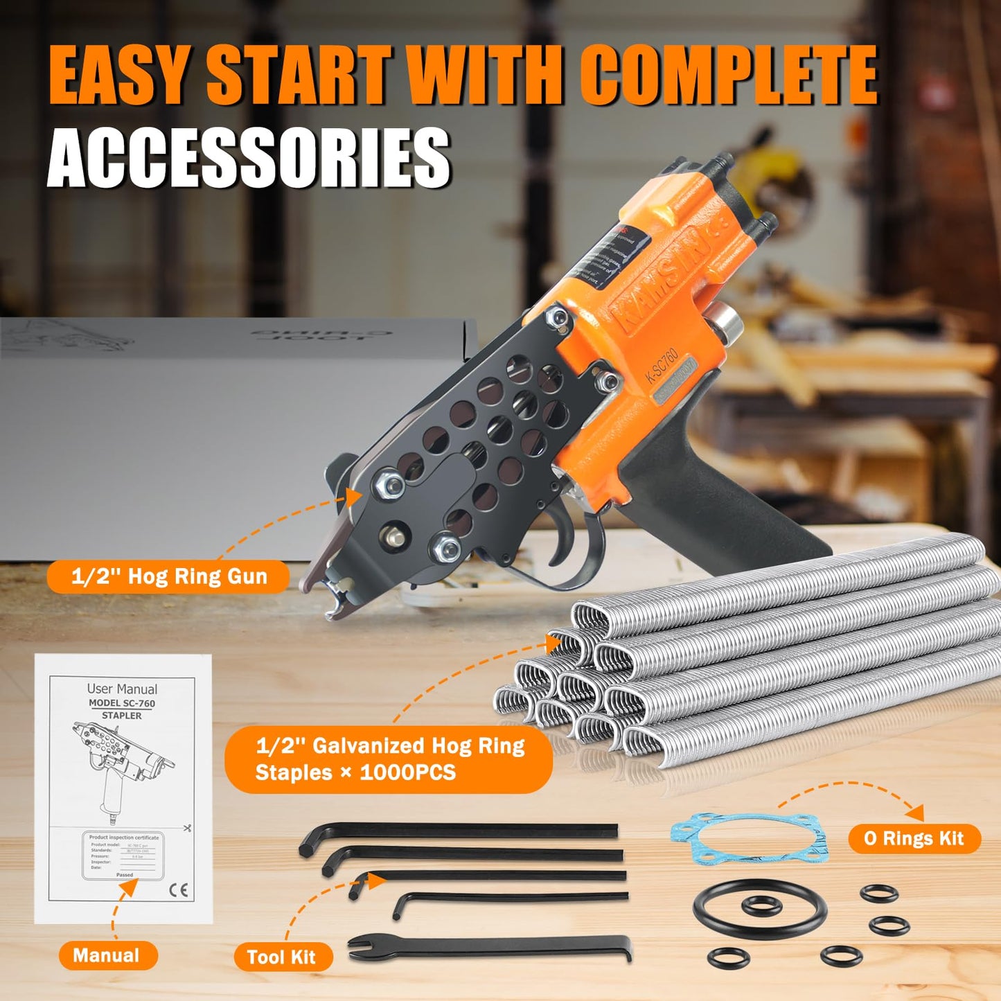 Combination of Kamsin K-SC760 16 Gauge Pneumatic C Ring Gun Kit and 1/2-Inch Crown 18,000pcs Galvanized Hog Ring Staples