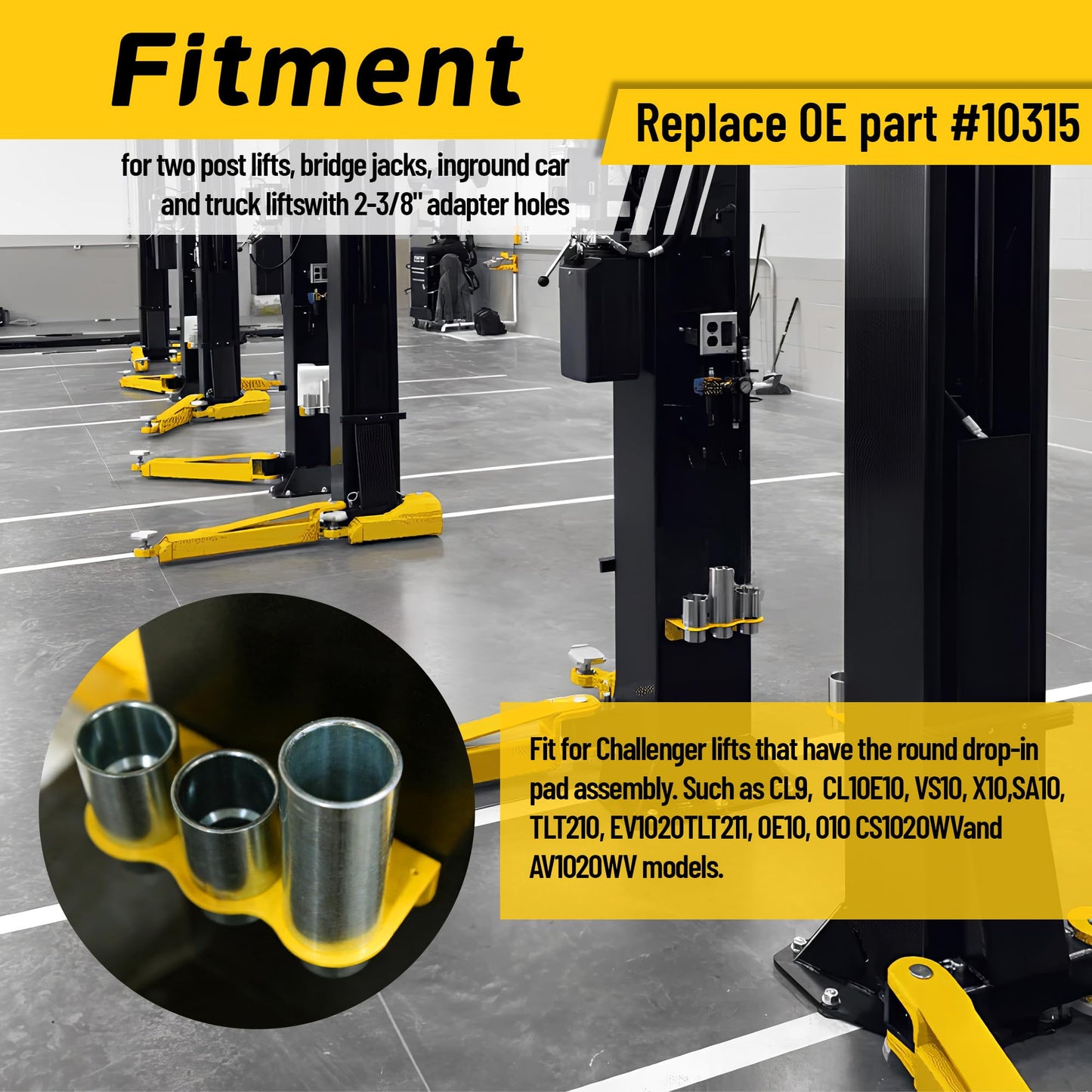 10315 Stack Truck Adapter Kit Compatible with Challenger Lifts CL10 E10 VS10, Includes (4) 3" & (2) 6" Stack Adapters with Organizer, 2.36" (60mm) pin Dia Fit for Challenger Two Post Automotive Lifts