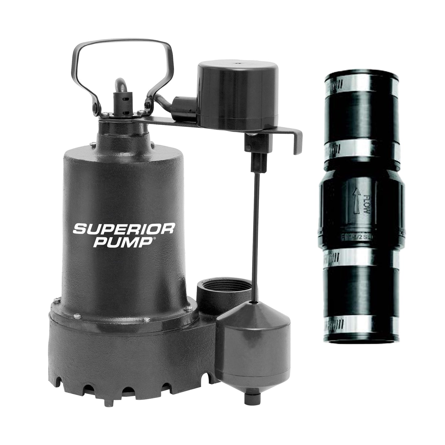 Superior Pump 92031 Cast Iron Submersible Sump Pump with Vertical Float Switch, plus 1-1/2-Inch Rubber Boot Check Valve, 1/3 HP, Kit
