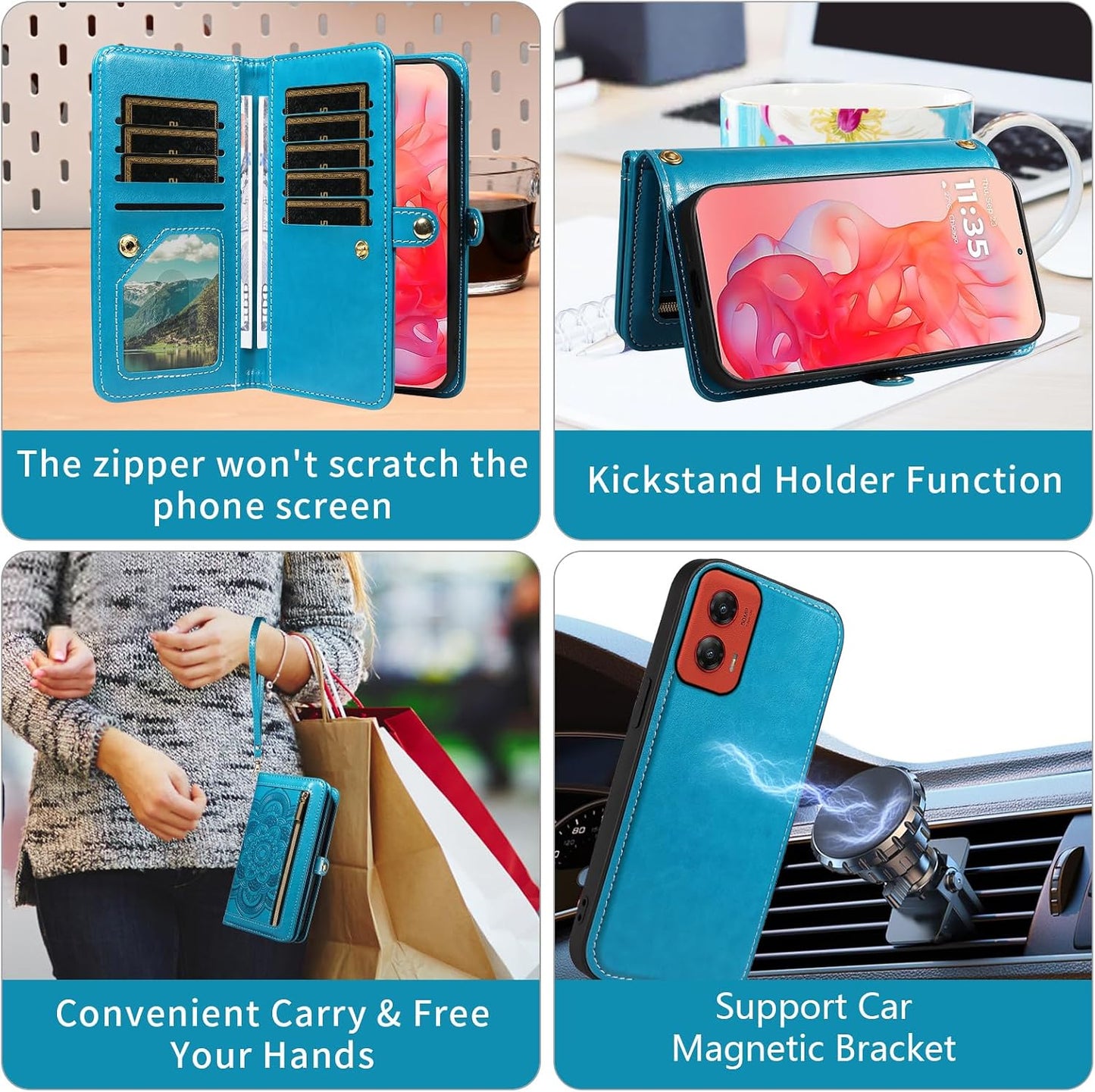 Asuwish 5G 2024 G5 Phone Case for Motorola Moto G Stylus Zipper Wallet Magnetic Detachable Cell Cover with Tempered