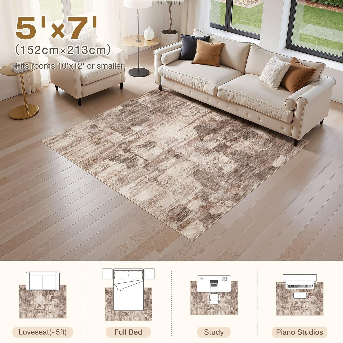 kakania 5x7 Washable Area Rug - Abstract Soft Non-Slip Modern Low-Pile Carpet for Living Room Bedroom Office Dorm, Kid Pet Safe Robot Vacuum Friendly - Brown