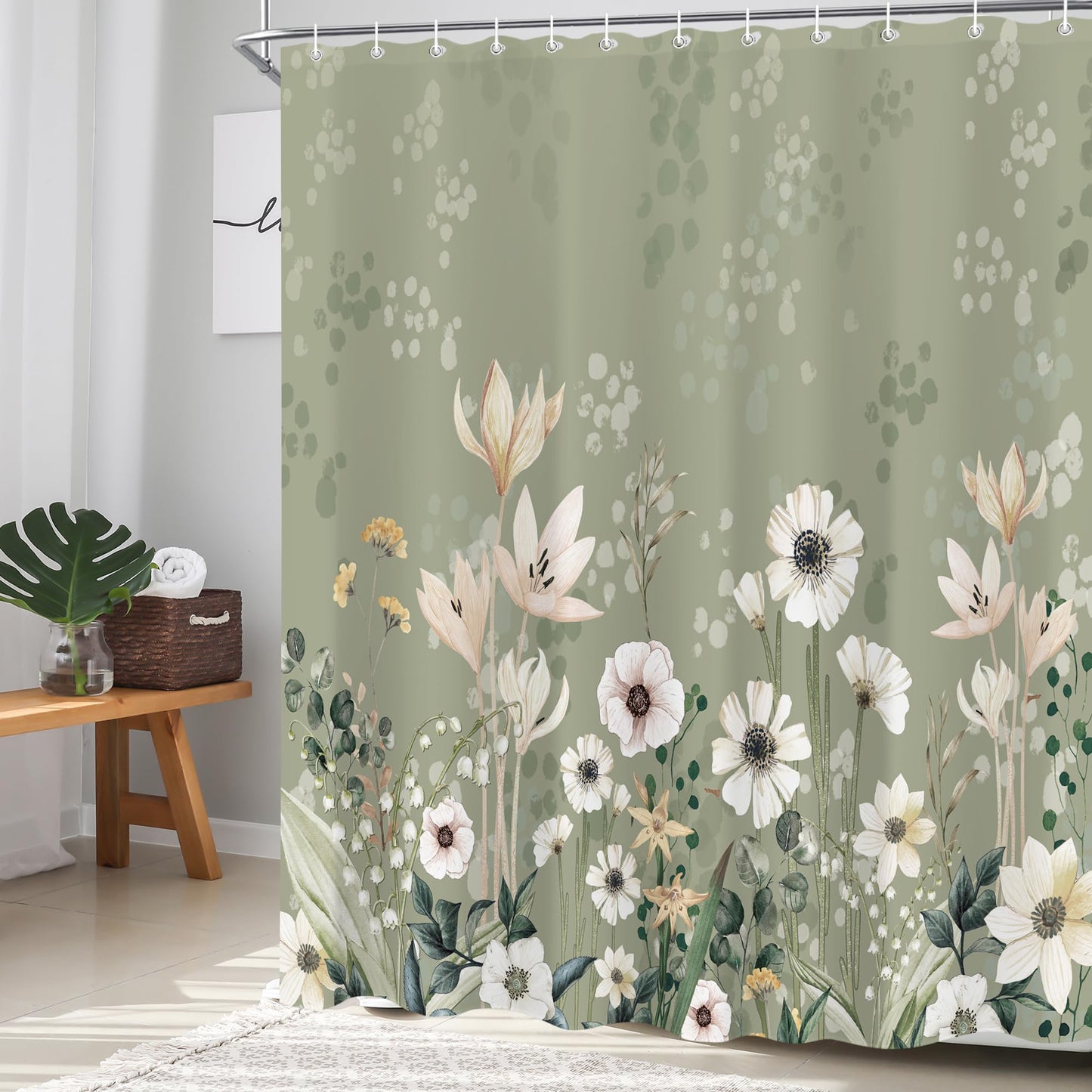 oolygoo Green Boho Floral Shower Curtain 60"X72" Flower Shower Curtain Set for Bathroom Plant Botanical Leaves Chic Pretty Waterproof Bathtub Curtain Decor Wildflower Bathroom Curtain with 12 Hooks