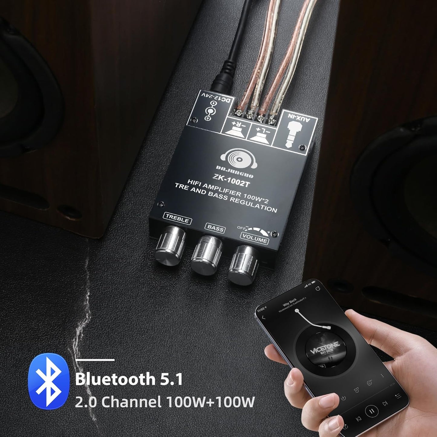 ZK-1002T 2.0 100W+100W TPA3116 Channel Bluetooth Amplifier Board Hi-Fi Stereo Amp with Antenna, Bluetooth and AUX Input
