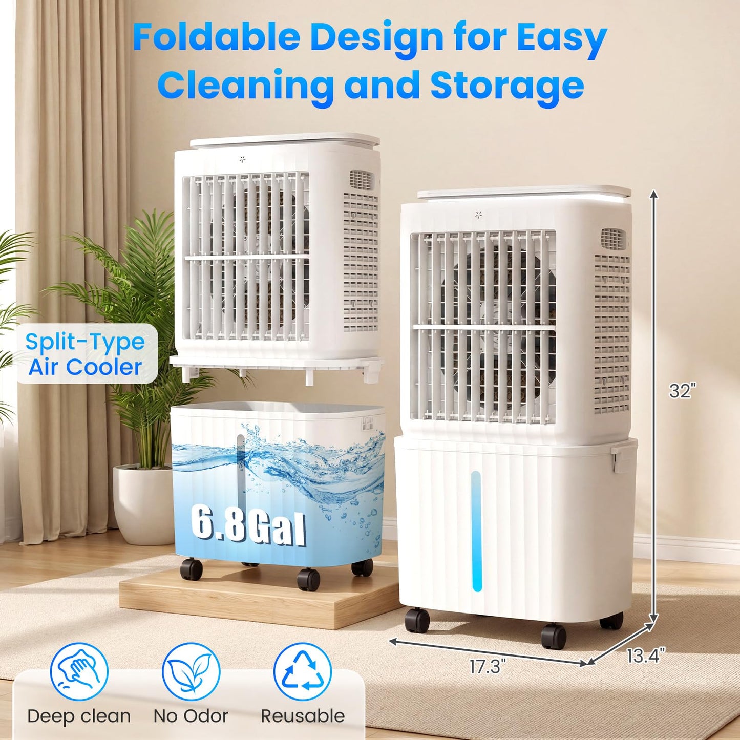 Auertech 6.8 Gal Swamp Cooler, 2500CFM Evaporative Air Cooler with Light & Detachable Tank, Portable Cooling Fan, 4-IN-1 AC Unit, Windowless Air Conditioners for Bedroom Apartment Garage