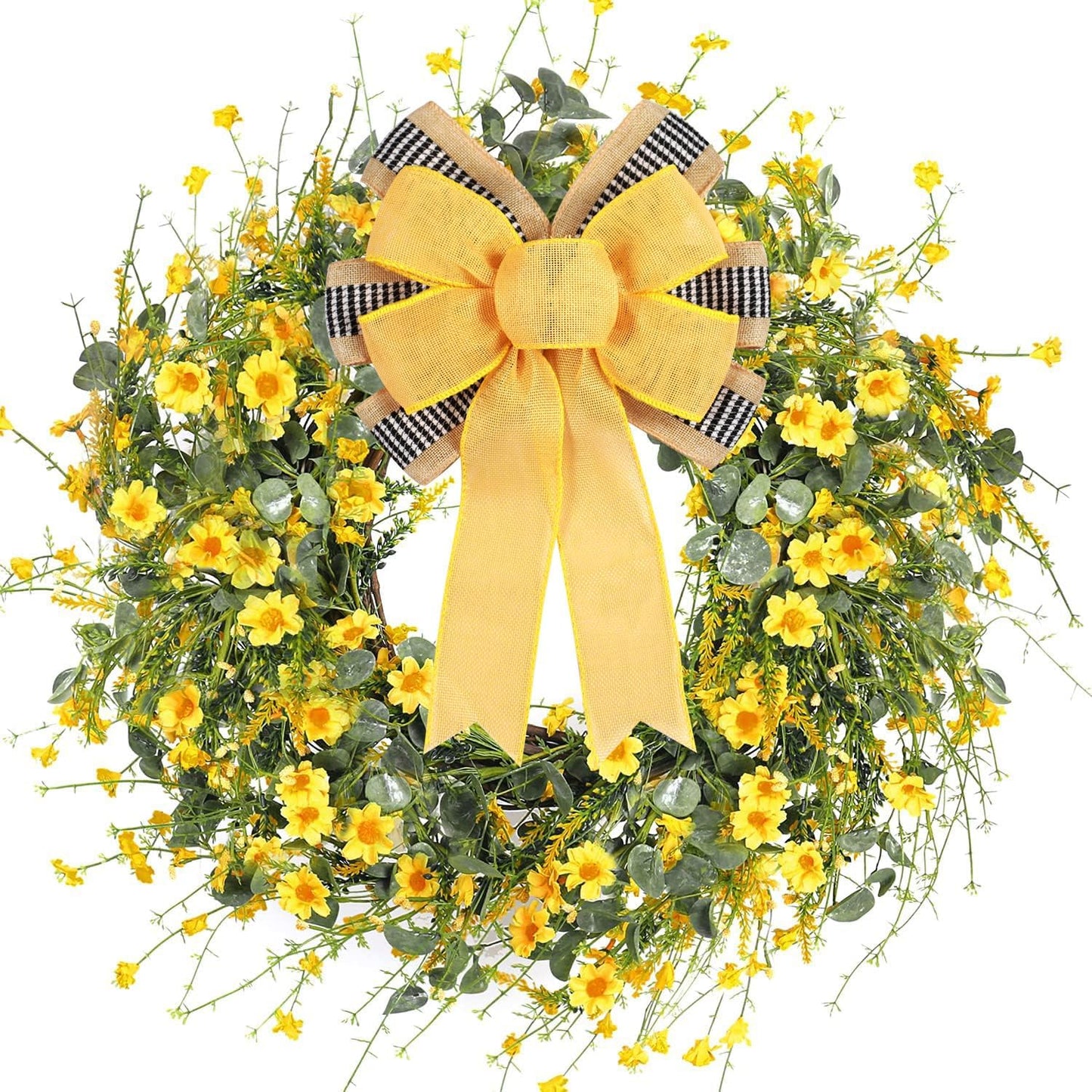 Skiennix Decorative Bow | 2 PCS Spring Summer Wreath Decor with Yellow Burlap & Black Stripe Ribbon