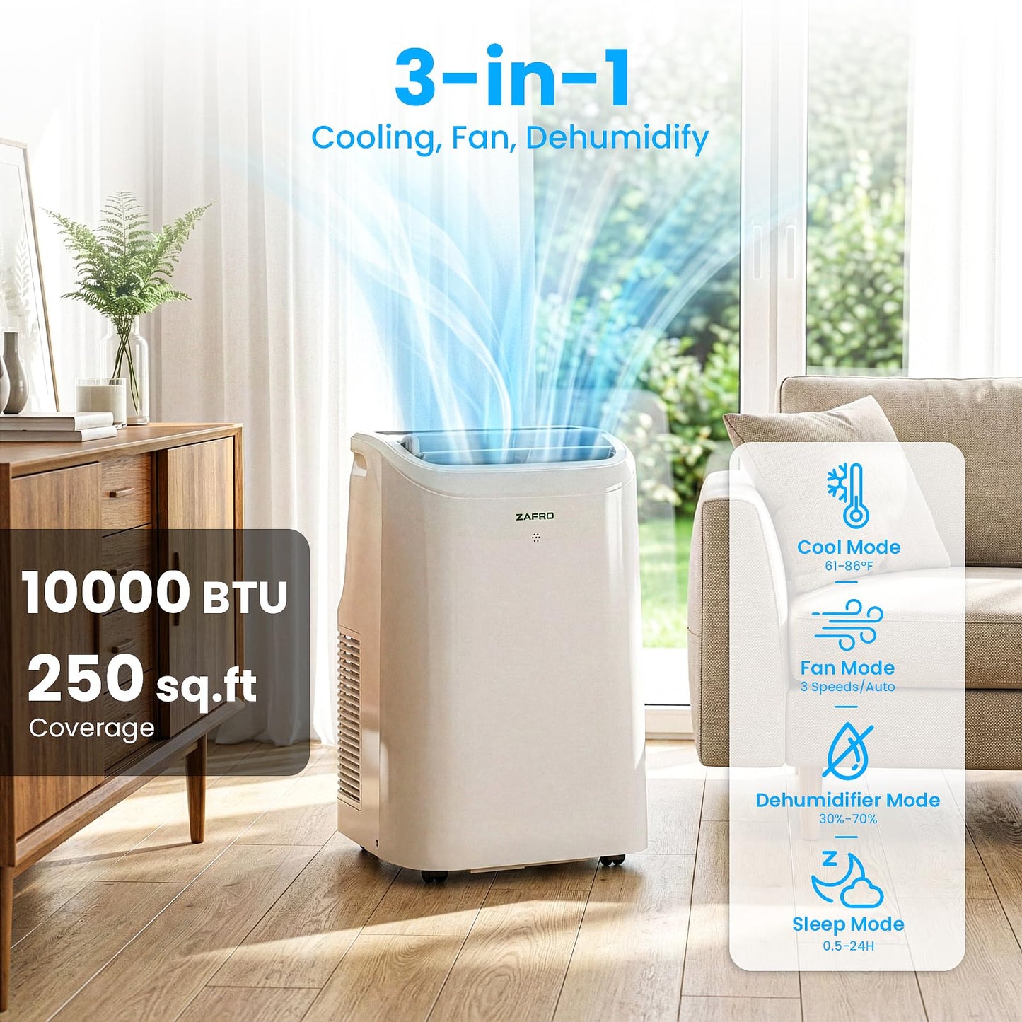 ZAFRO Portable Air Conditioners, 10000 BTU, 3 in 1 Portable AC with Drainage-free Cooling, Fan & Dehumidifier, Smart AC Unit with APP/Remote Control, 47dB Quiet, 24H Timer for Living Room, Bedroom