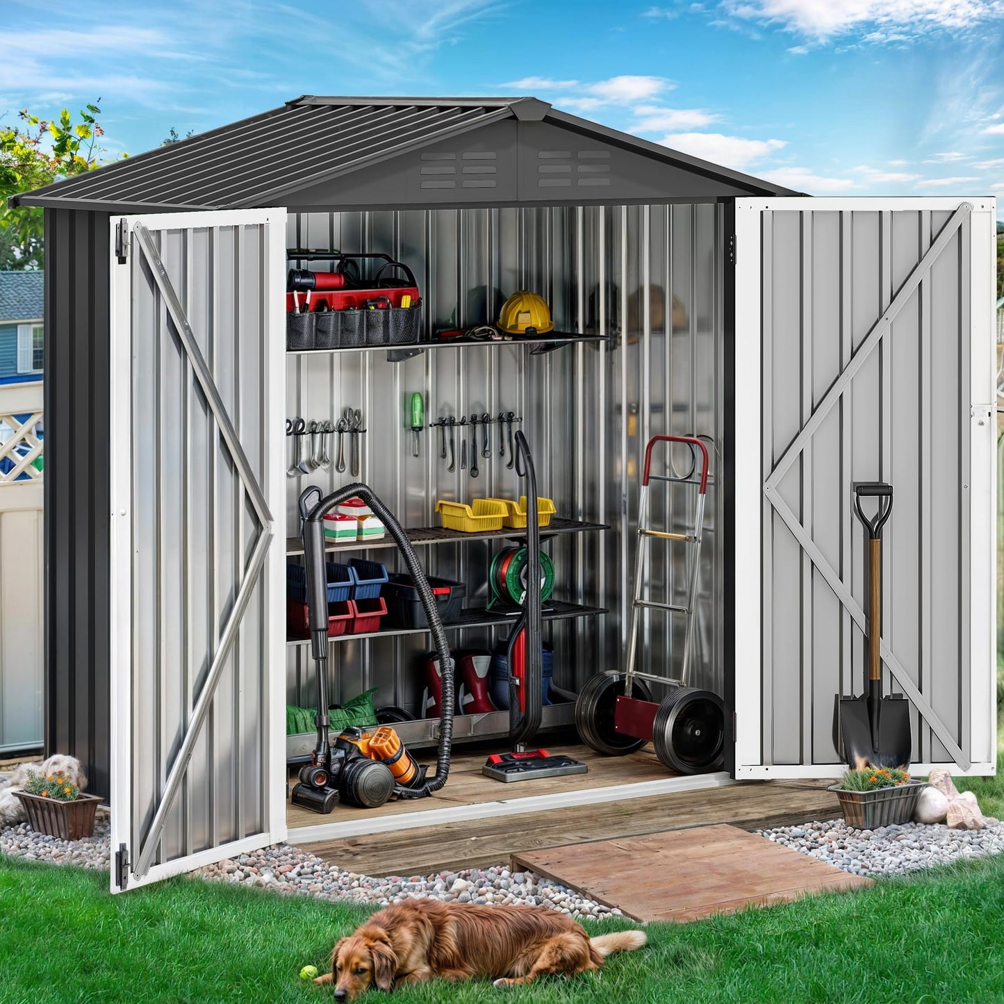 DWVO 6x4ft Tool Storage Shed, Lockable Doors, and Sloped Roof, Steel Outdoor Storage Shed for Garden, Patio, Garage, Backyard, Lawn - Dark Gray