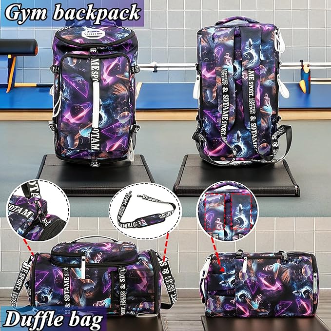 Gym Duffle Bag Backpack with Shoe Compartment,4 ways Travel Backpack for Women and Men,Multi-Functional Weekender bag with Waterproof Layer&Laptop Compartment for Fitness, Travel,Camping