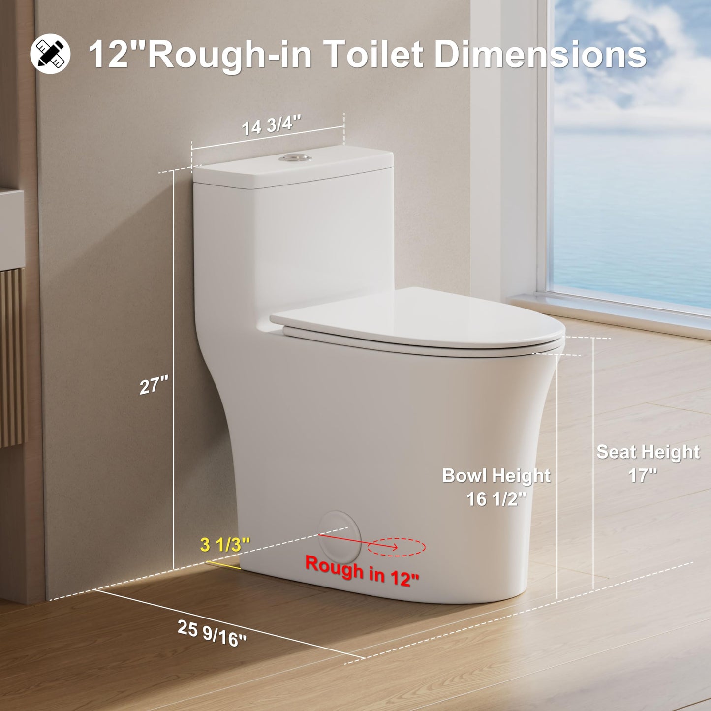BayRoll One Piece Sleek Modern Toilet, ADA Chair Seat Height 17", Dual Flush 0.9/1.28 GPF, MAP 1000g, 12" Rough-In, Compact Fully Skirted Round Toilet for Bathrooms Soft Close Seat