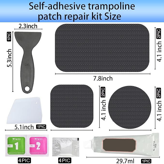 Heavy-Duty Trampoline Patch Repair Kit: 6 Self-Adhesive Patches (2 Square+2 Rectangular+2 Round) Repair Trampoline Mat Tear or Hole in a & Quick Mat Repairs