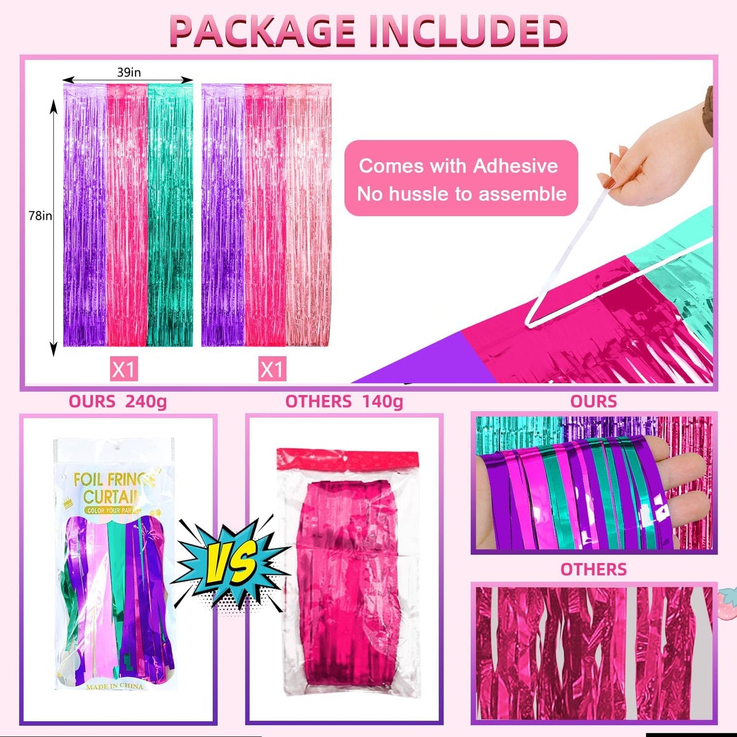 Satankya 2 Pack Cute Dollhouse Birthday Decorations, Dollhouse Party Photo Booth Prop, Purple Pink Teal Fringe Curtains