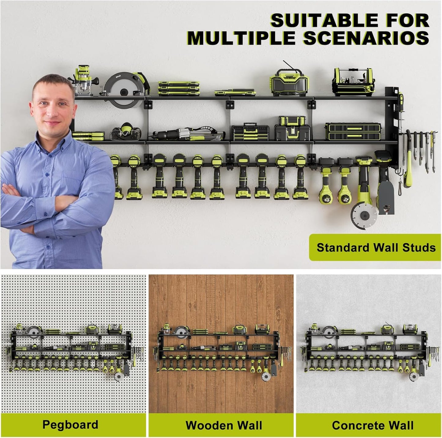 Power Tool Organizer by [Brand Name] - 16 Slots, 3-Tier Wall Mount for Garage & Workshop - Black