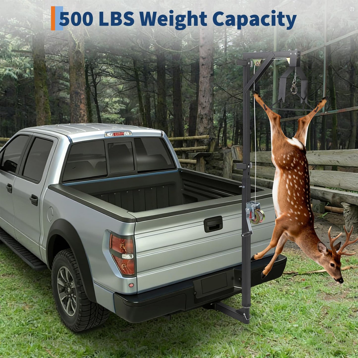 GarveeTech 500LBS Heavy-Duty Deer Hoist Kit with Winch & Gambrel, Hitch Game Hoist with Lifting Platform – 360° Swivel & Adjustable Height for, Skinning & Game Processing