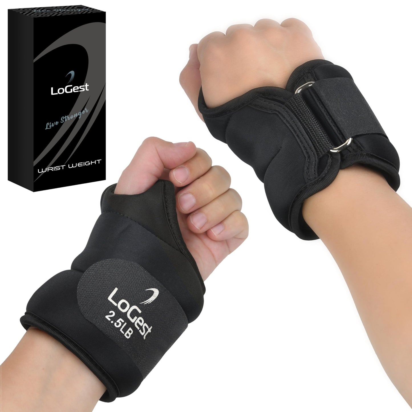 LoGest Wrist Weight with Thumb Loops & Hook-and-Loop Closures - 1lb, 2lbs, 2.5lbs, 3lbs - Sold in Pairs - Comfortable & Secure Neoprene Wrist Weights for Walking, Running, Cardio, Physical Therapy (2.5LB Pair Black)