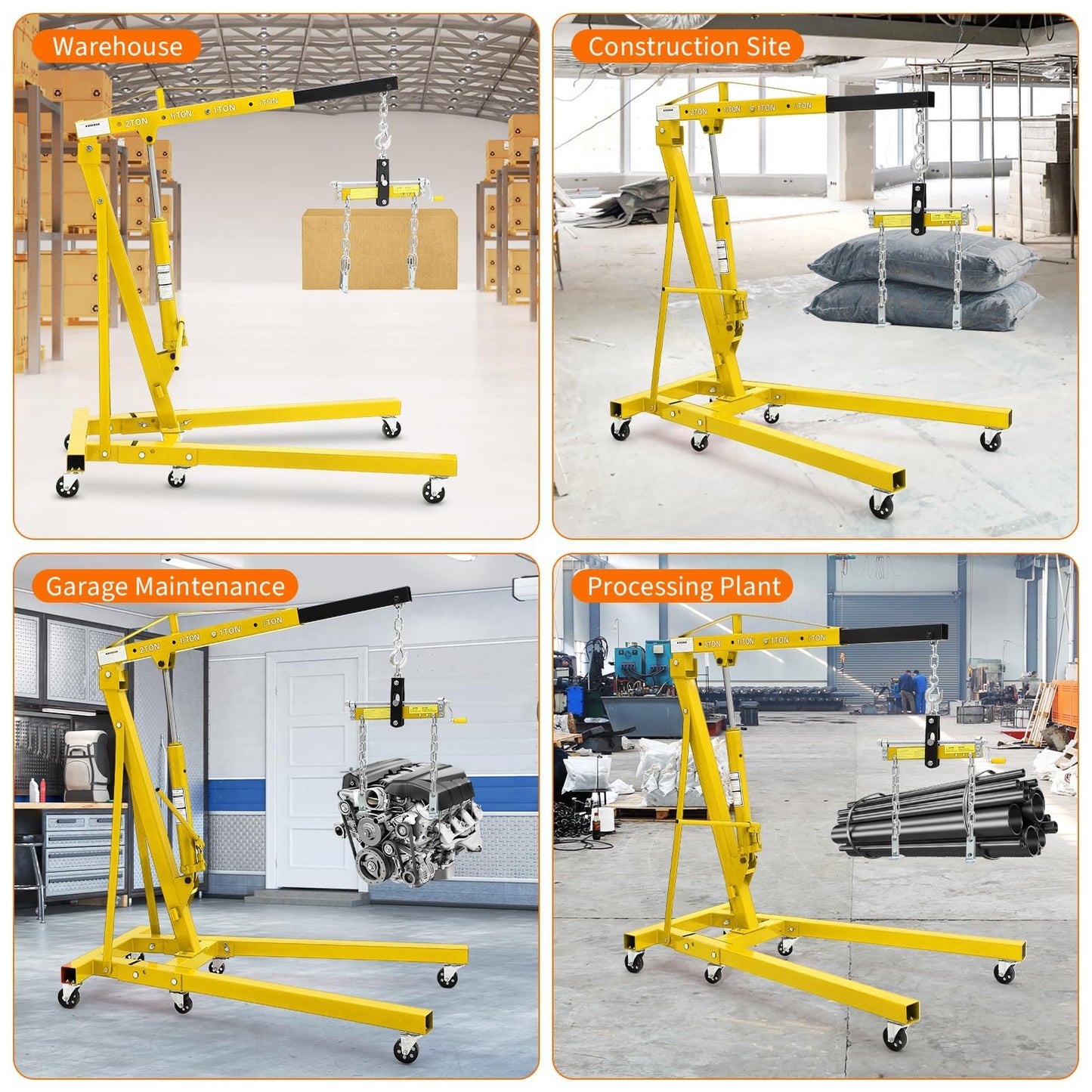 2 Ton Folding Hydraulic Engine Hoist with Load Leveler 4400 LBS Capacity Heavy Duty Cherry Picker 6 Swivel Wheels&Hydraulic Pump Adjustable Boom (0.5T-2T) for Garage Workshop Warehouse Yellow
