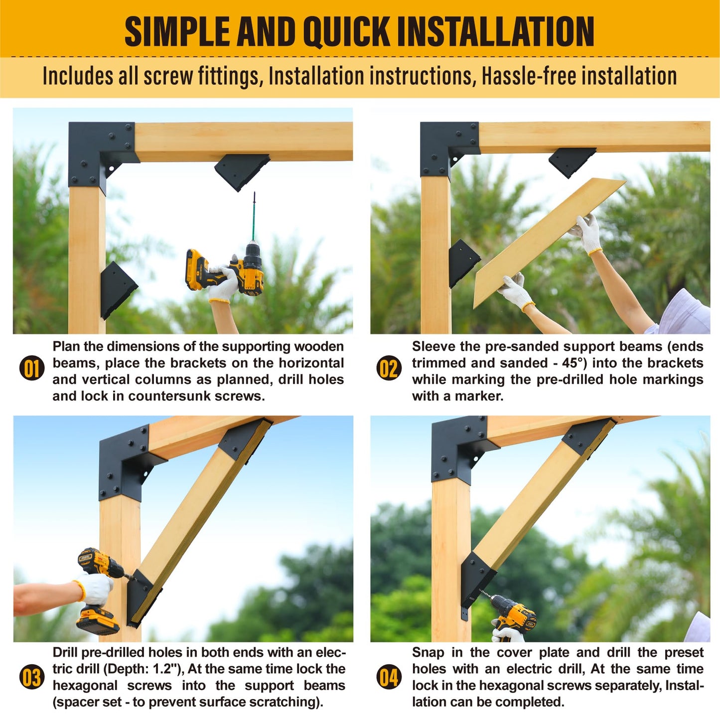 Brukid 4pc 45°-Degree Angle Support Bracket, 2x4 (Actual 1.5''x3.5'') Angle Bracket, Suitable for Pergolas, Gazebo, Deck Porch, Cabin Elevated Wood Support Bracket kit (Frosted-Black)