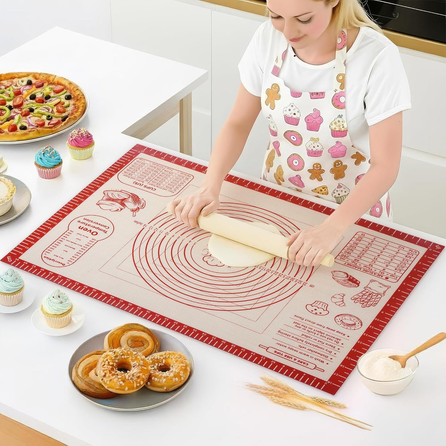 Skiennix Silicone Baking Mat - Non-Slip Dough Rolling Mat with Measurement Guides | 20x28 Inch Reusable Kneading Board for Bread, Pizza, Cookies, Fondant