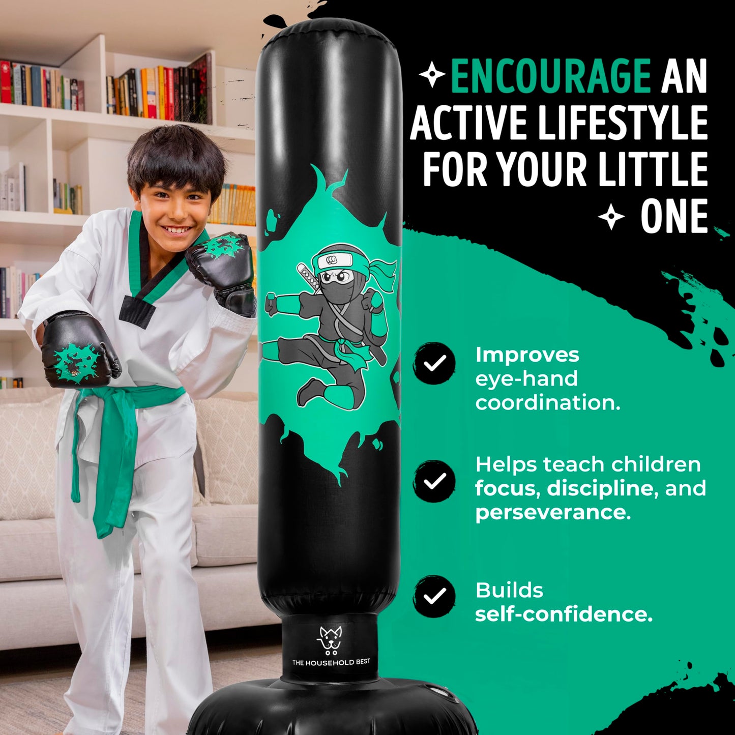 THB Inflatable Punching Bag for Kids, 63" Freestanding Ninja Boxing Bag Including Electric Air Pump with Gloves for Practicing Karate, Taekwondo, Stress Relief & Birthday for Ages 3-12