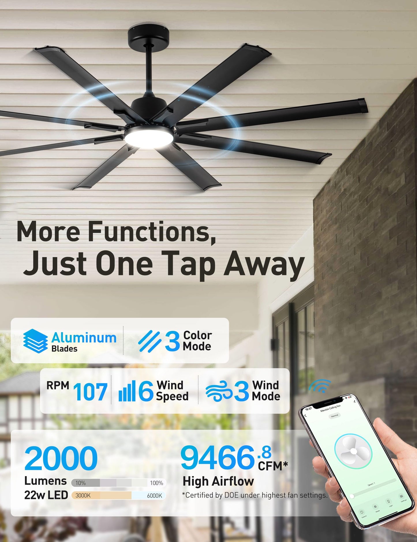 Minislak 72 Inch Ceiling Fan with Light,Industrial Ceiling Fan with 8 Black Aluminium Blades,Smart Fan Compatible with Alexa,Garage Outdoor Indoor Fan for Patio and Living Room