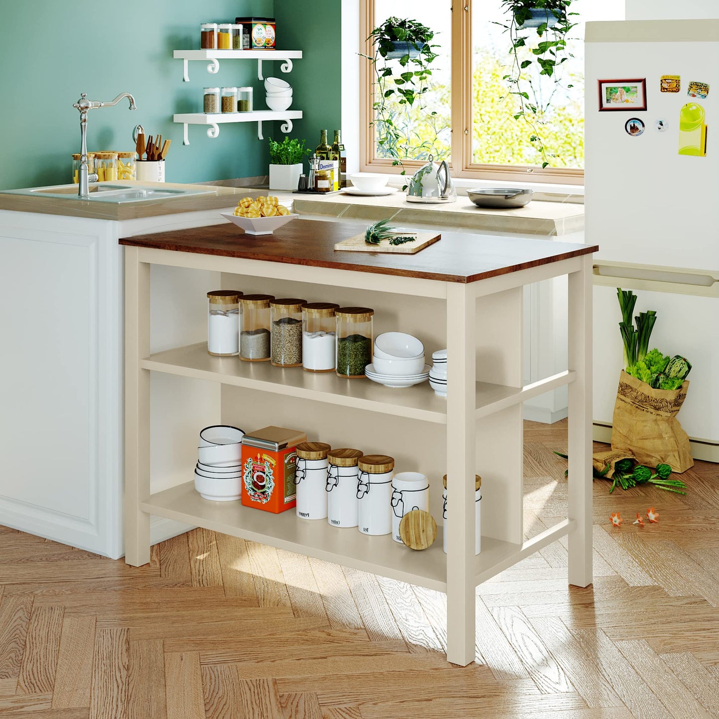 Polibi 3-Piece Kitchen Island Set with 2 Stools and 2 Shelves, Rustic Rubber Wood Dining Set Prep Table Set with Open Shelves for Small Places, Walnut+Cream White
