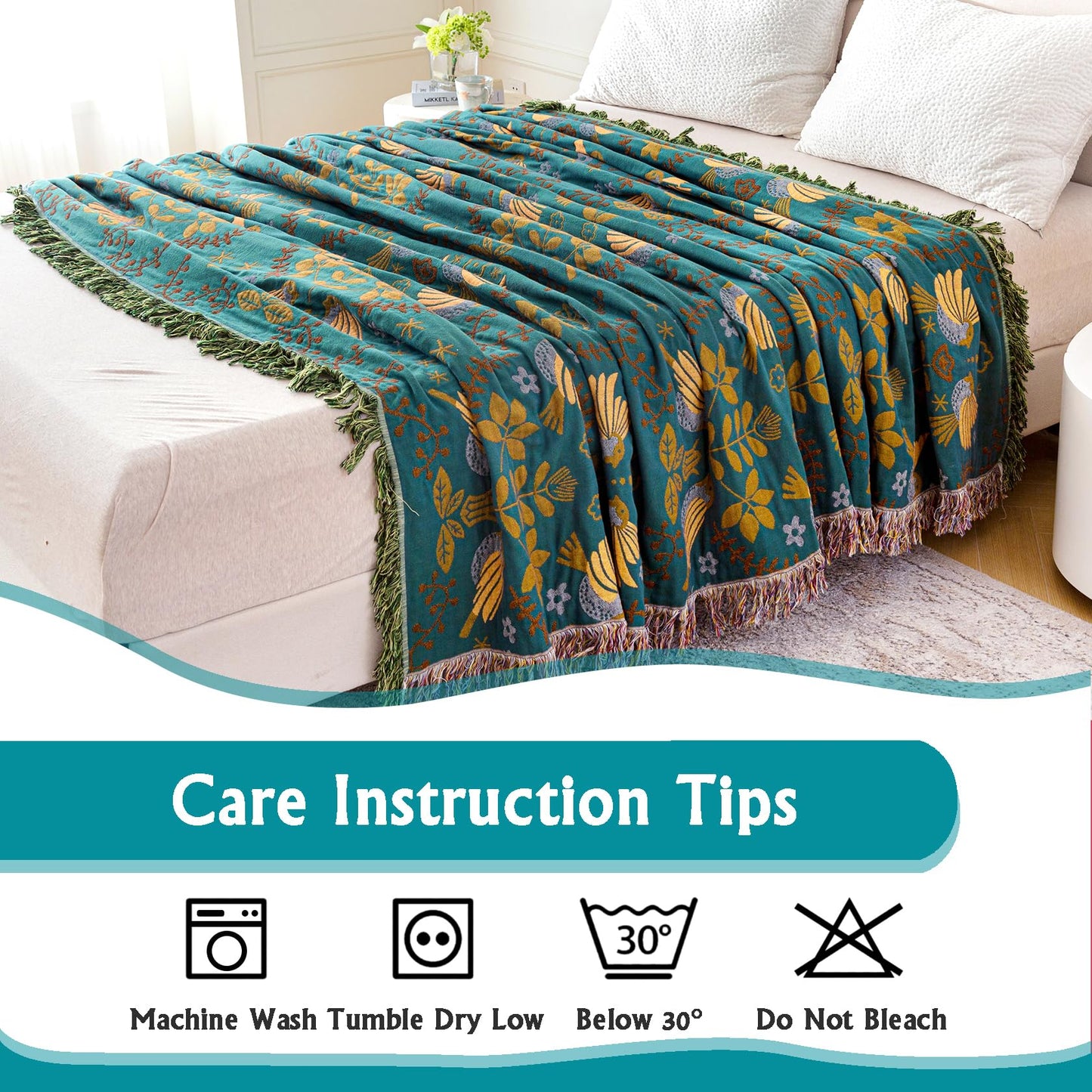 Vksucss Throw Blanket for Couch Bed Cozy Cotton Blankets Twin,Soft Gauze Boho Throw Blanket Birds and Floral Doubel Side Embroidery,60"x80" Comfy Muslin Bed Blankets