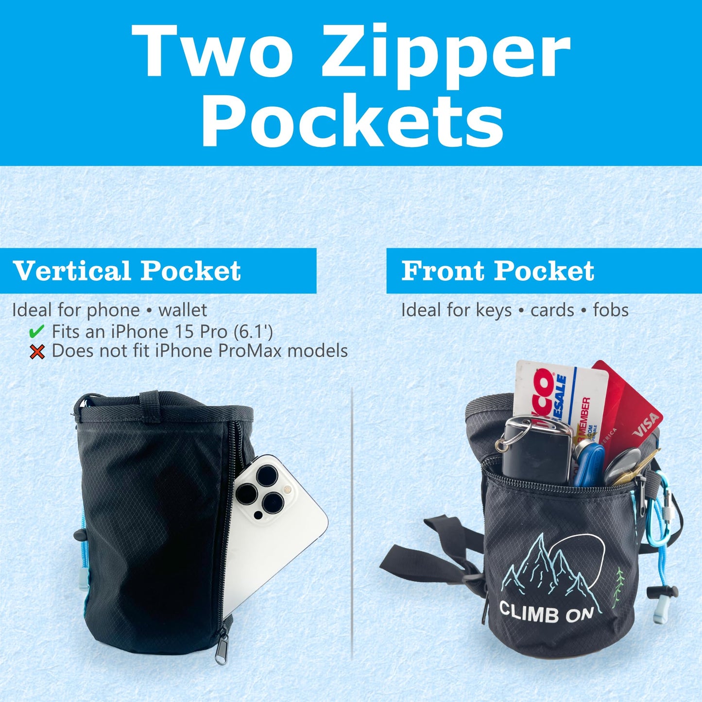 Chalk Bag + Chalk Ball for Rock Climbing, Bouldering, Top Rope | Climb On (Bag + Refillable Ball)