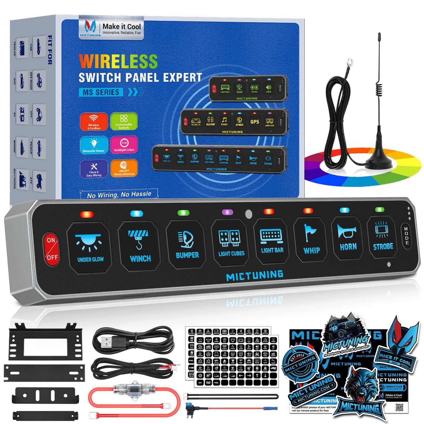 MICTUNING MS-W 8 Gang Slim Wireless Switch Panel, 208FT Range Multi-Panel Control, Toggle Momentary Strobe Pulsed Flash, RGB Dimmable Backlit, Circuit Relay System Box, No Drilling for Car RV UTV