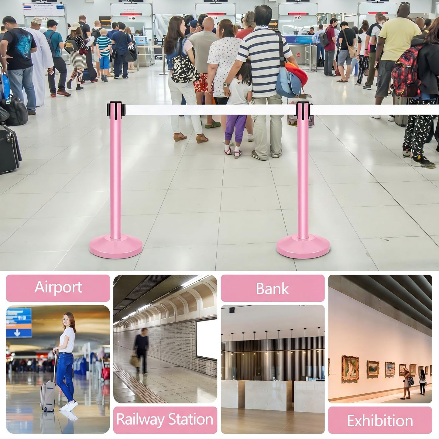 Therwen 6 Pack Heavy Duty Crowd Control Stanchions 9.8 ft Stainless Steel Stanchion Set with 6 Safety Barrier Post Retractable Belt and 1 Sign Holder Crowd Control Barrier(White Belt,Pink)