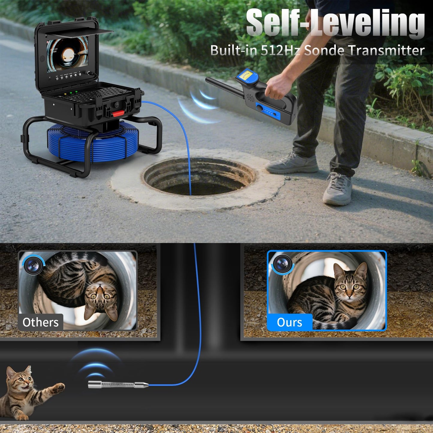 JINXINEBAY 10 Inch IPS Sewer Inspection Camera with 512Hz Locator, 1080P AHD, 50M Cable, DVR, Auto Self-Leveling, 5X Zoom, TF Card, LED Lights for Pipe/Wall/Drain (165FT/512hz Locator)