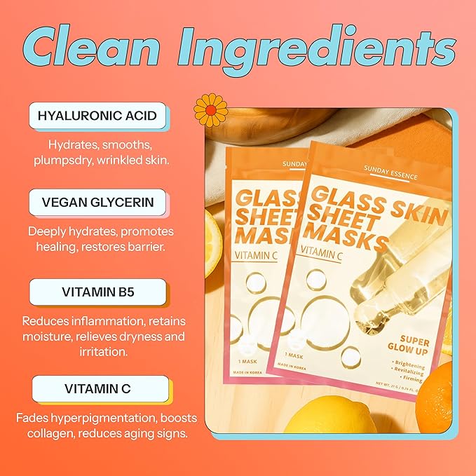 Vitamin C Face Mask ??Dermatologist Tested, Anti-Aging, Korean Skin Care, Evens Tone Hydrates Revitalizes ??Clean Beauty Vegan Sheet Mask for Dull Sensitive Skin ??5 Sheets