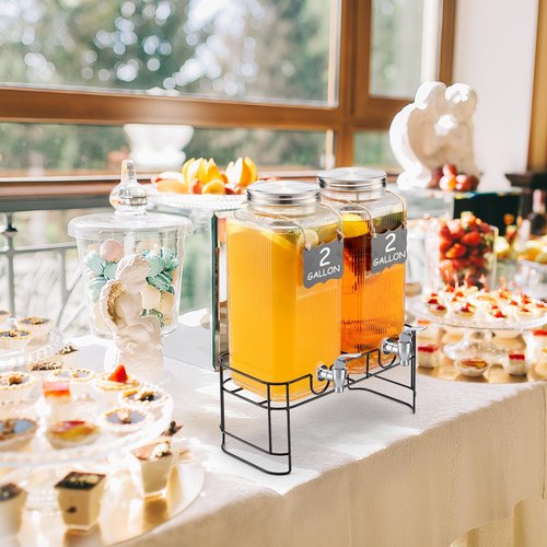 FillTouch 2 Pack 2 Gallon Glass Drink Dispenser Glass Beverage Dispenser with Stand Spigot and Filter Leakproof Water Jar Clear Iced Drink Jug for Parties Juice Lemonade Picnics Fridge