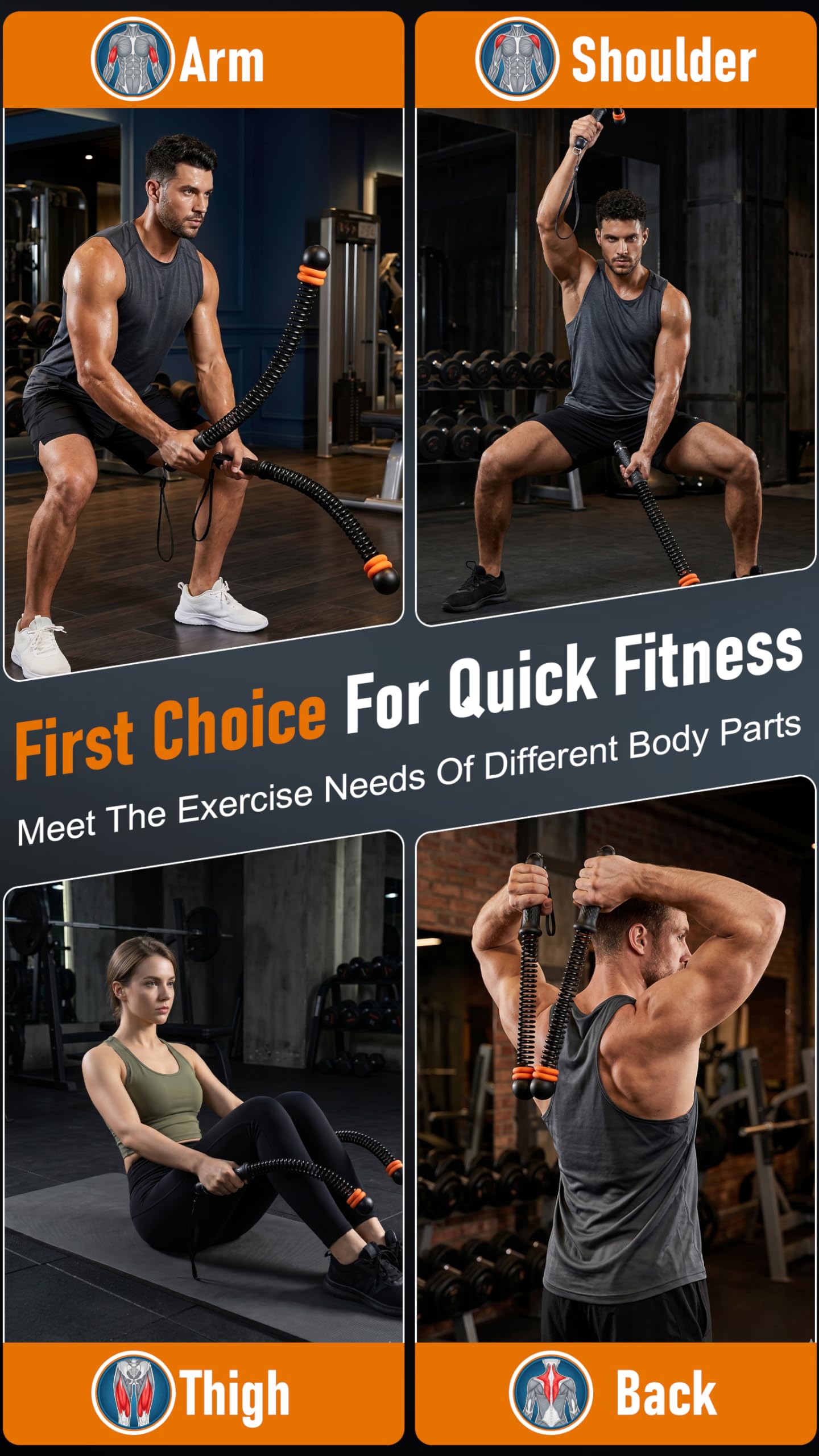 Ropeless Battle Ropes with Weighted Springs, Portable Weighted Home Fitness Training Tool for Low-Impact Exercise, HIIT & Strength Building, Suitable for Men and Women (Orange-Black)