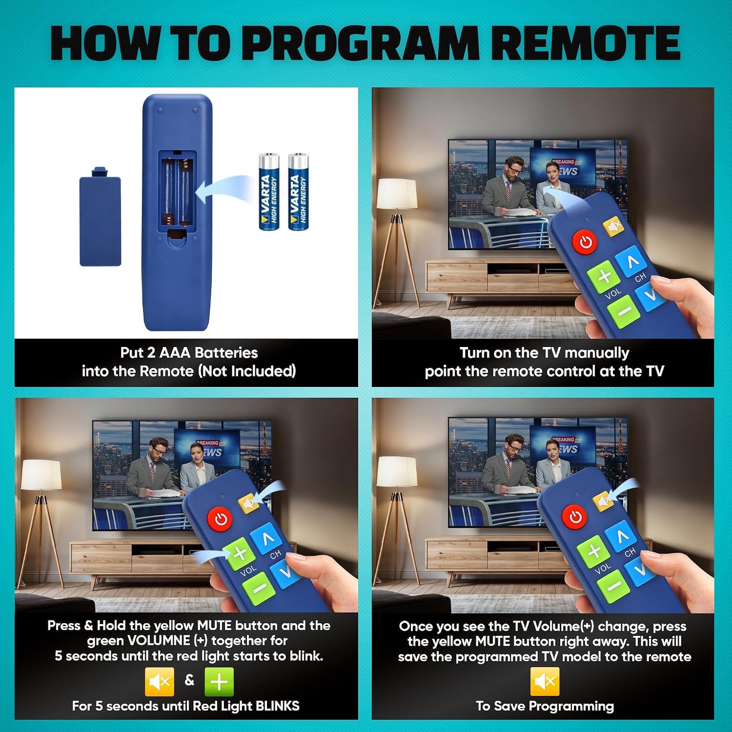 EZClicker (2xAAA TV Remote for Seniors, Extra Simple Big Button Remote (Blue) Works with Major TV Brands, NOT