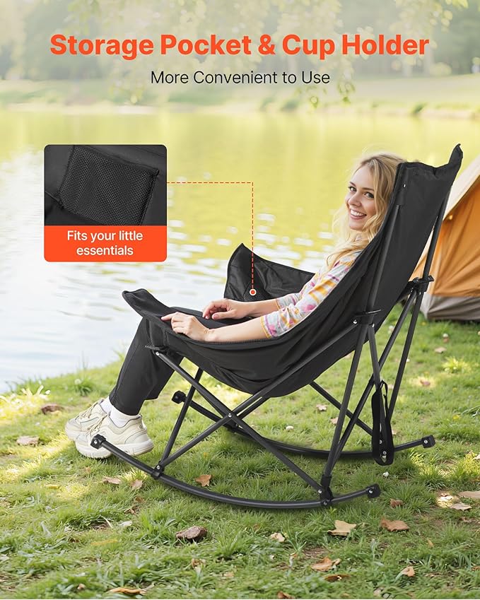 VEVOR Heated Camping Chair, 3 Heating Settings, Large-Sized Padded Folding Rocker, Heavy Duty Outdoor Lawn Chairs with Pocket & Cupholder, Support 225lbs, Portable Heated Chair for Sports Winter Use