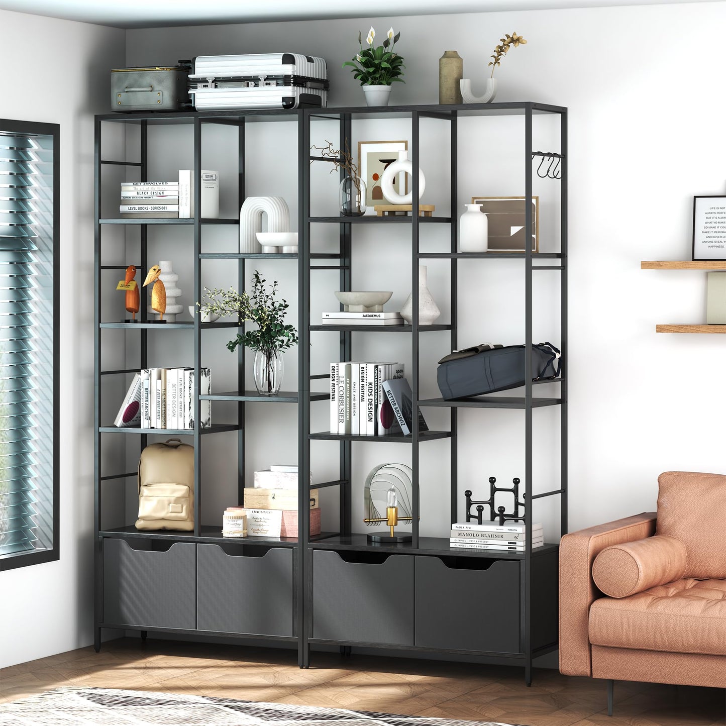 ZERDER 5 Tier Bookshelf, Bookcase with 5 Shelves, Storage Rack Organizer, Corner Wood Storage Shelf with Metal Frame for Bedroom, Living Room (Black)