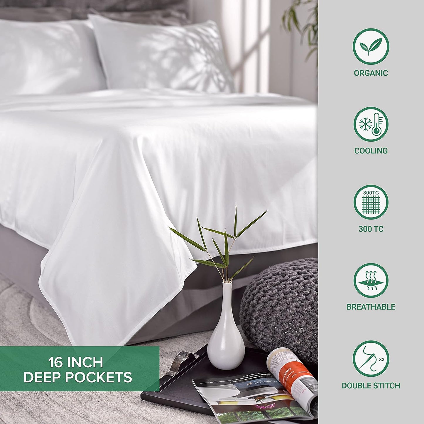 Pure Bamboo Queen Sheets - Luxuriously Soft 100% Organic Viscose Bed Sheet Set | Cooling & Durable (Queen, Sterling Blue)
