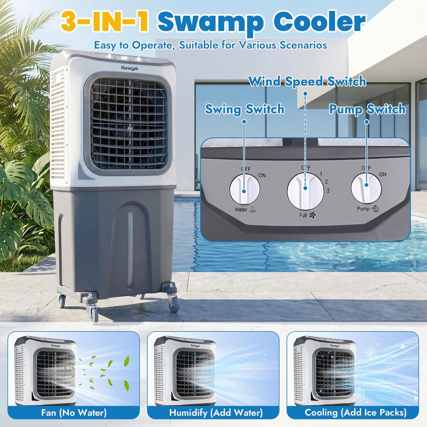 54" Tall 7000CFM Large Swamp Cooler, 3-in-1 Evaporative Air Cooler with 26.5 Gal Water Tank, 3-Speed, 2 Modes, 4 Ice Packs & Storage Bag, Outdoor Cooling Fans for Patio Garage Factory, 2000 sq.ft