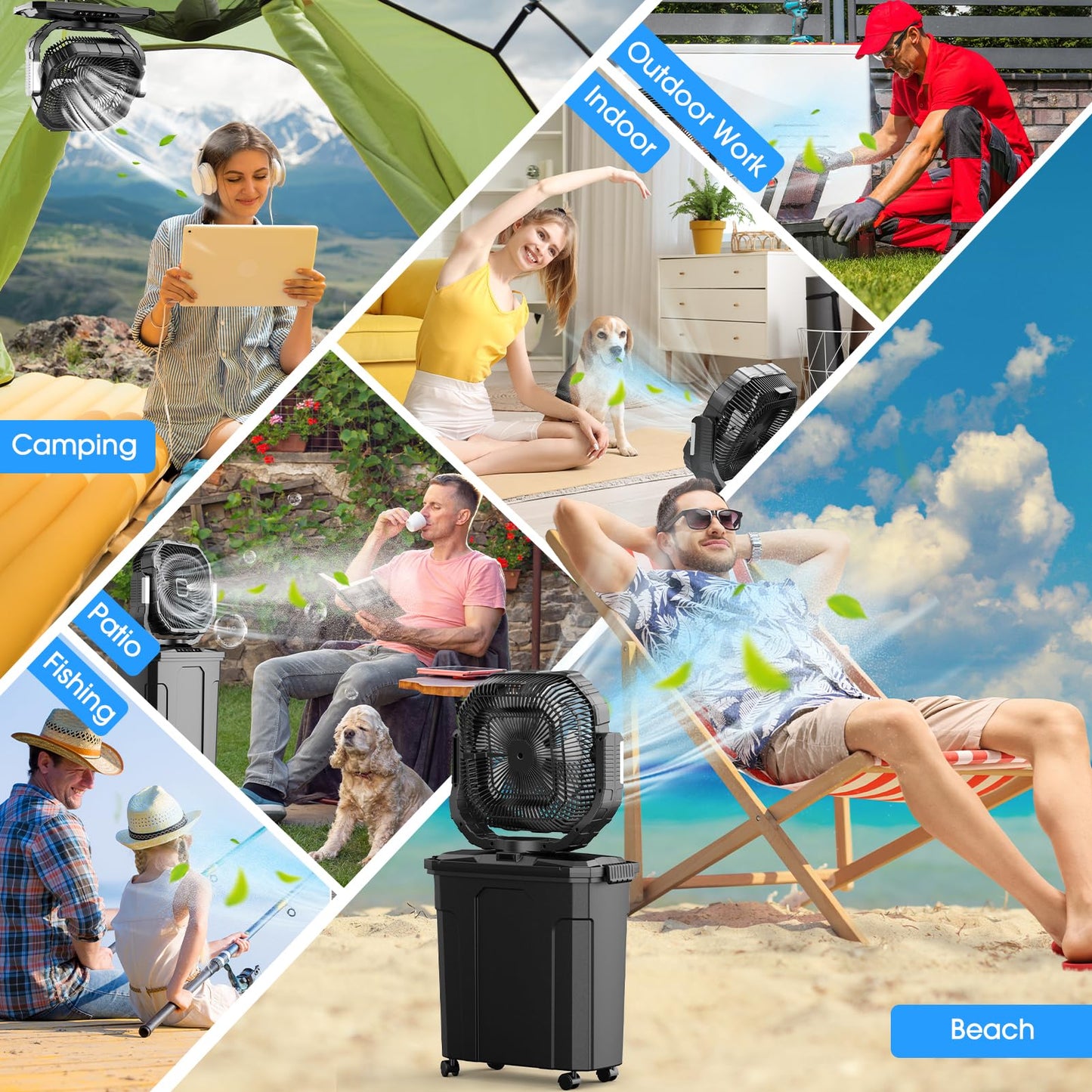 Ausic 5 Gal 12" Portable Misting Fan for Outside Patios, 30000mAh Outdoor Rechargeable Battery Oscillating Fan with Remote, Cooling Camping Dugout Fan with Light/Timer/Caster, Summer Essential