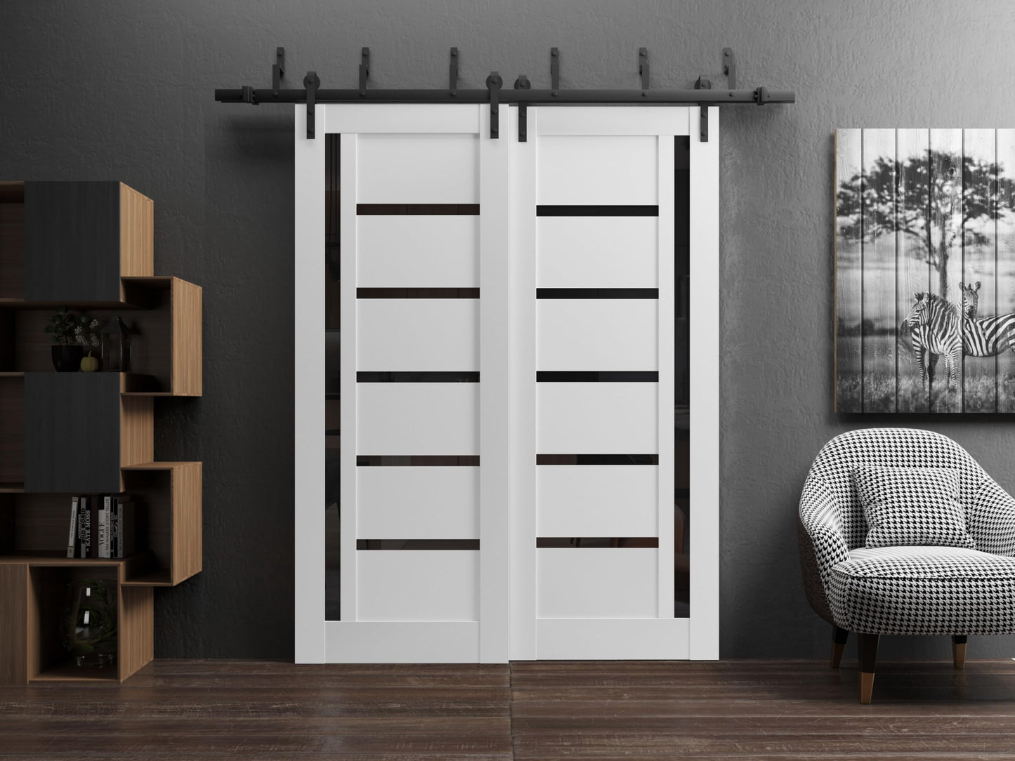 SARTODOORS Slab Barn Door Panel | Quadro 4588 White Silk with Black Glass | Sturdy Finished Doors | Pocket Closet Sliding-24 x 84"-Black Glass