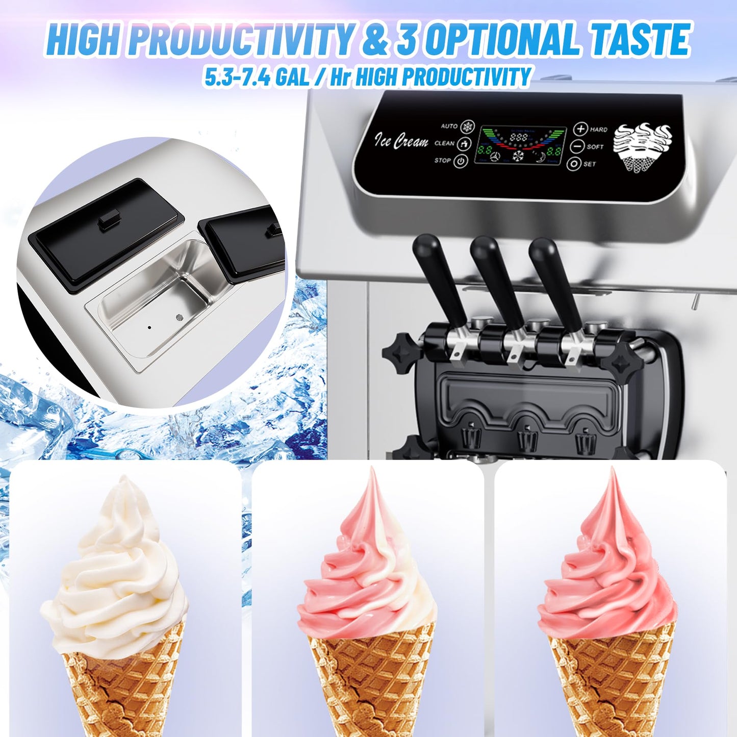 Garvee High Productivity Soft Serve Ice Cream Machine – Commercial 2+1 Flavors – 2200W – 5.8-8 Gal/Hr – LCD Display Screen – Automatic Cleaning – Ideal for Restaurants, Snack Bars, Ice Cream Shops,