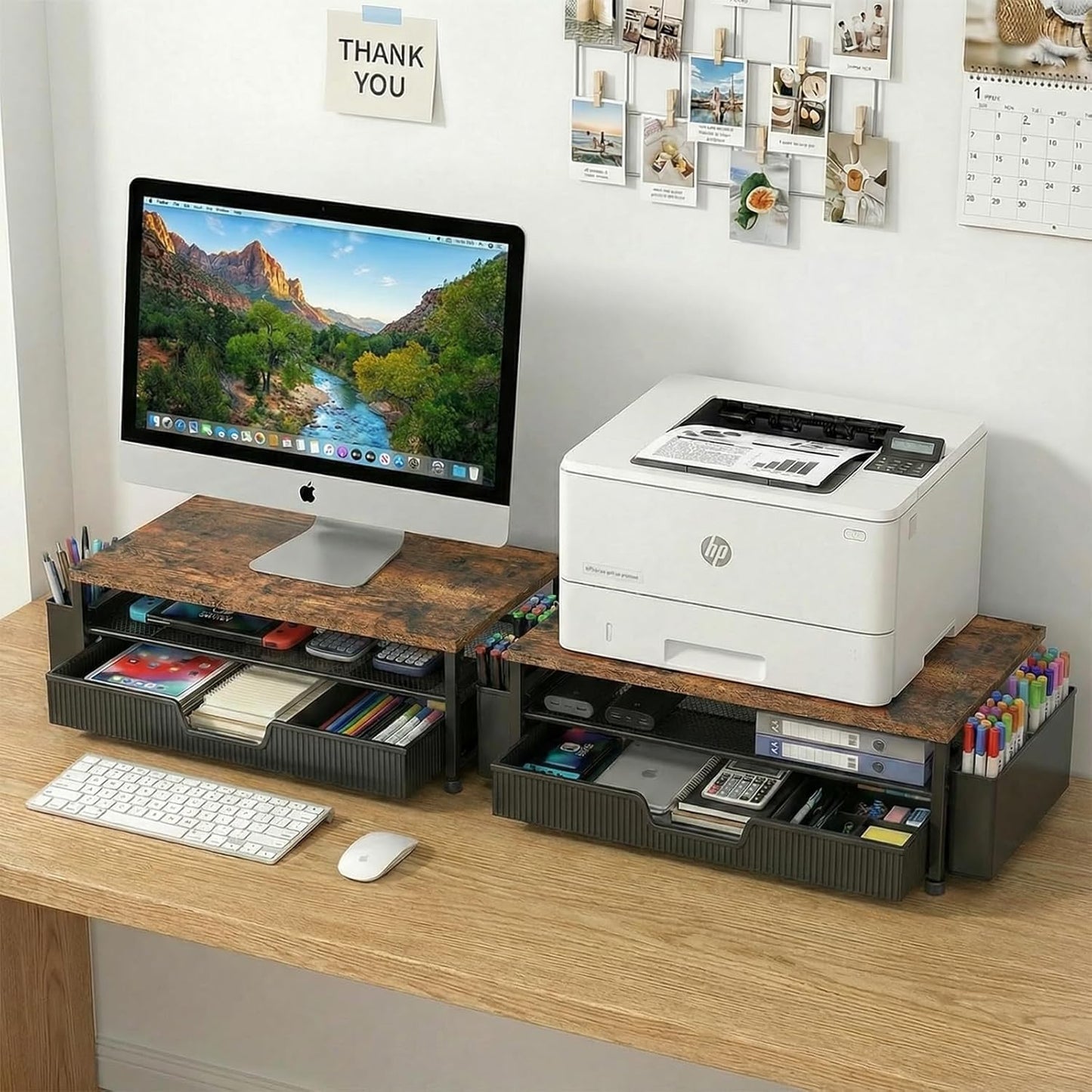 2-Tier 2 ECOLOVI Desk Organizer and Accessories, Computer Monitor Stand Rise with Storage Drawer & Pen Holders, Laptop
