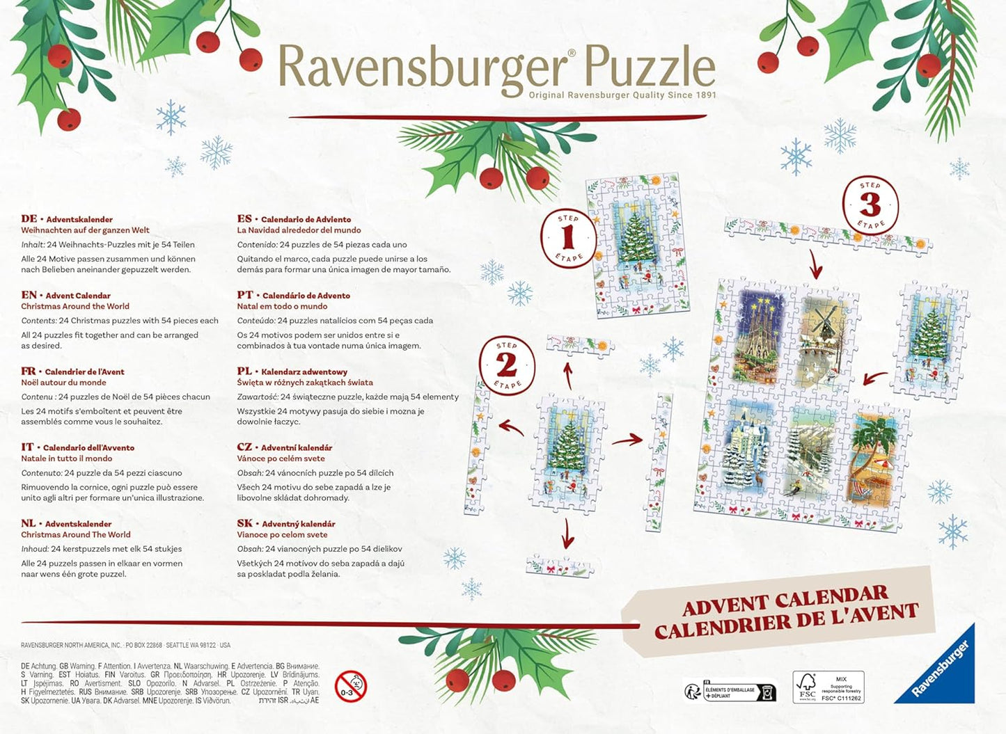 Ravensburger Holiday Puzzle Advent Calendar | 24 Mini Jigsaw Puzzles with 1000+ Pieces - Unique Winter Scenes for Daily Surprises - Premium Quality for Ages 12+