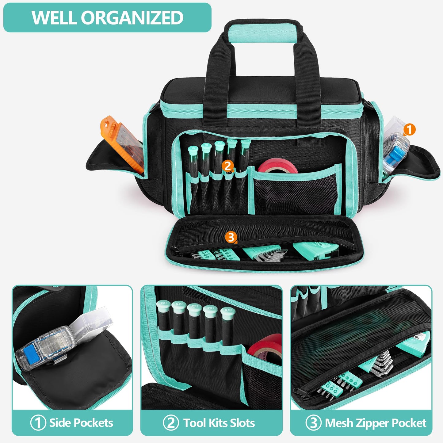 Trahzia Tool Tote Bag for Women, Tool Storage Organizer with Anti-friction Bottom, Tactical Range Bag for Electrician, Carpenters, Repairman, Turquoise