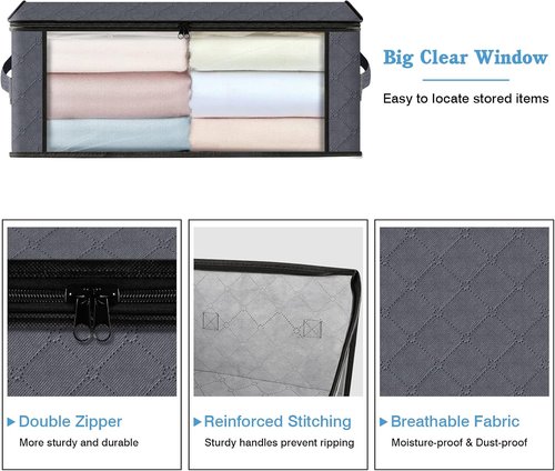 HomeHacks Clothes Organizer Storage Bags - Foldable 35L with Clear Window & Sturdy Handles | Gray