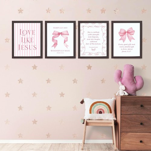 LARTSFRO Coquette Pink Bow Wall Art | Inspirational Bible Verse Decor for Teen Girls | 10x8 Inch Set of 4